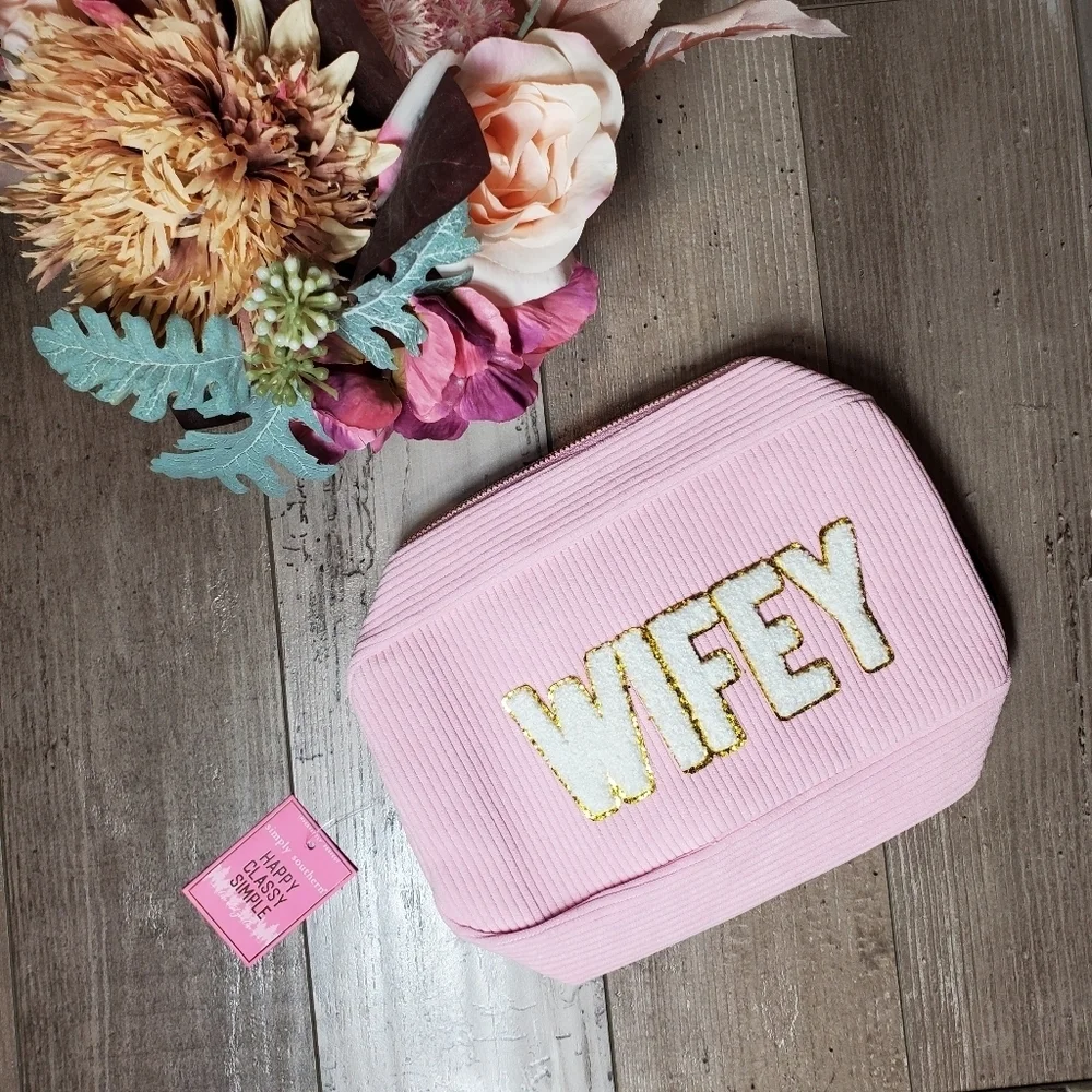 NWT Simply Southern WIFEY Pink White and Gold Varsity Cosmetic Bag
